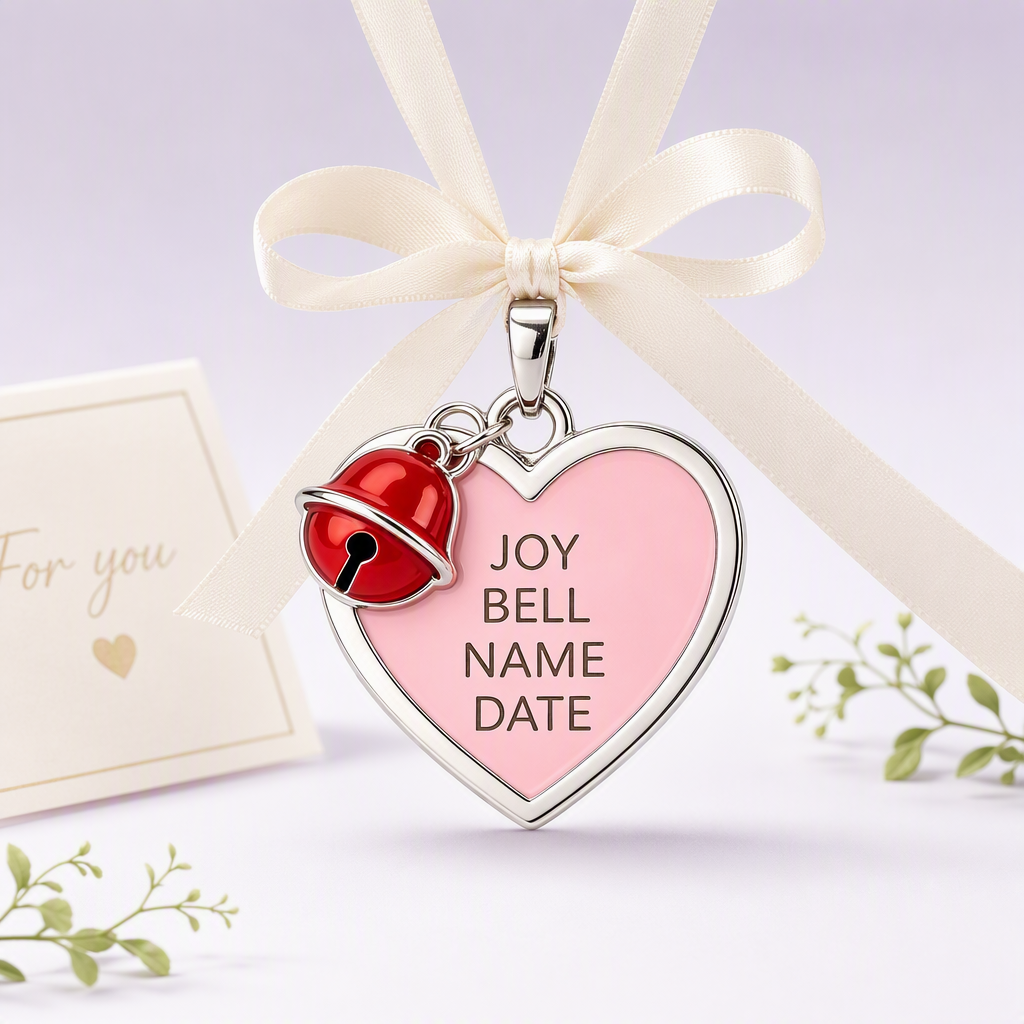 Heart-shaped pet ID tag with pink center and bell charm