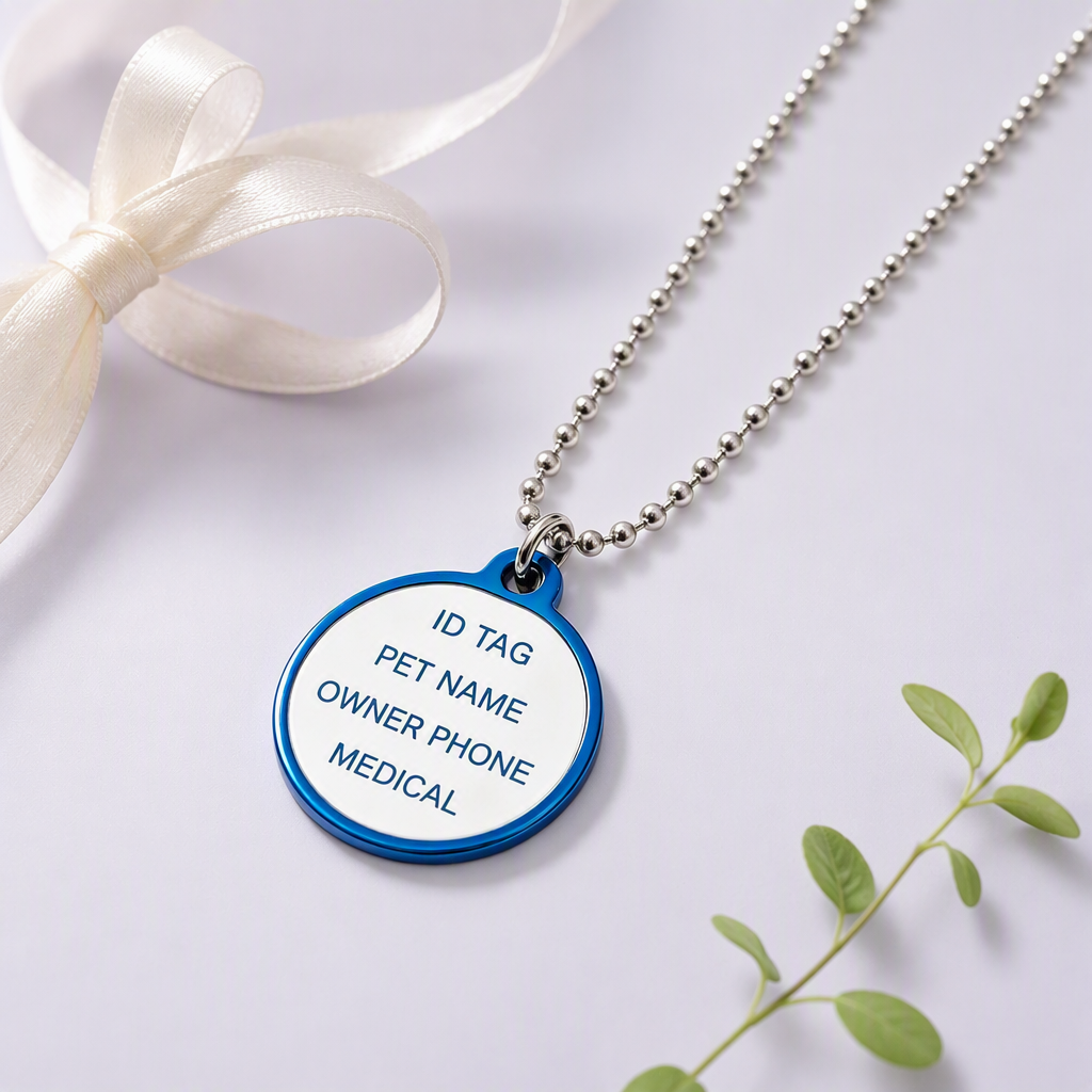 Round blue and white pet ID tag on bead chain
