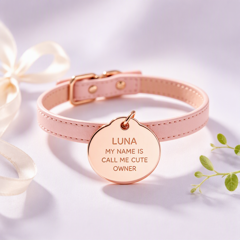 Round rose gold pet ID tag on pink leather collar