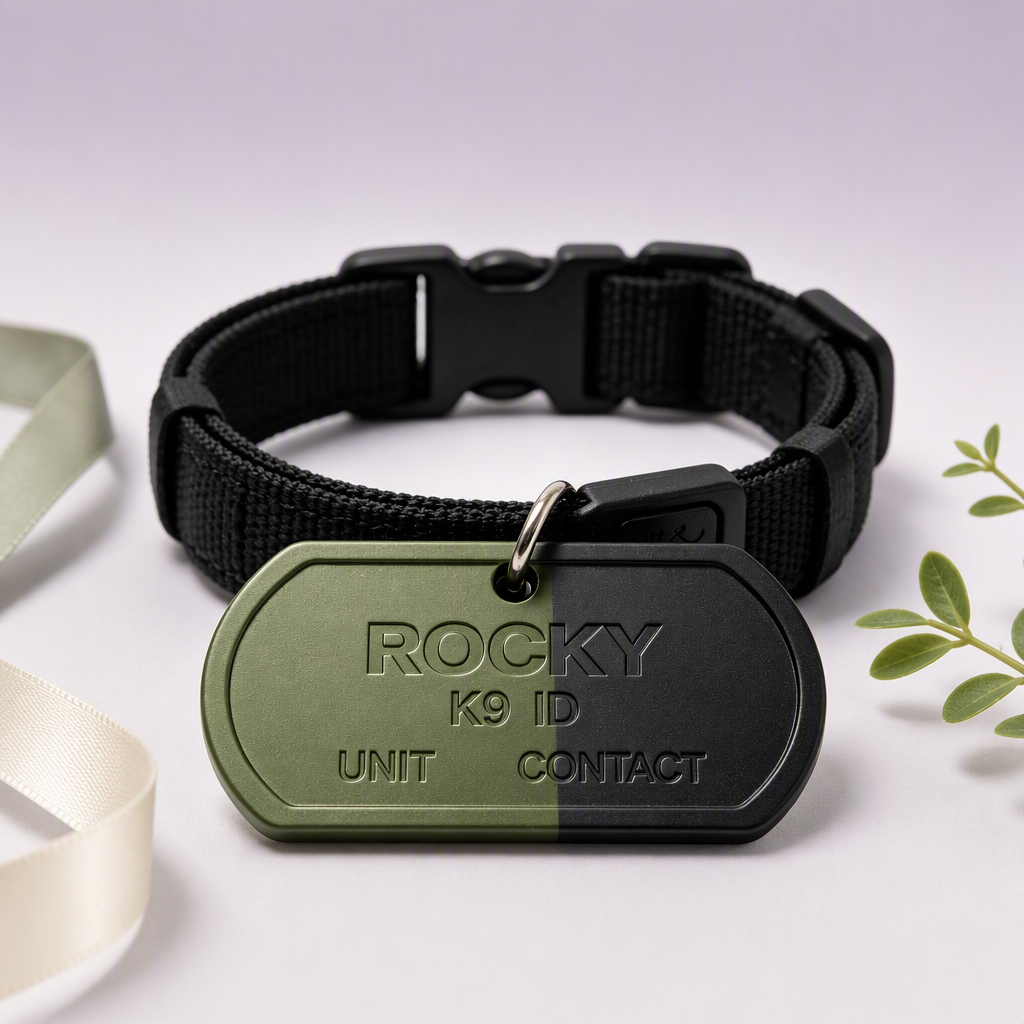 Olive and black K9 pet ID tag on black nylon collar