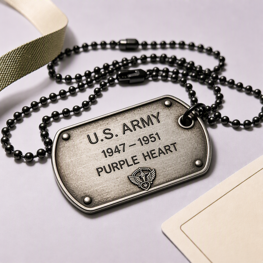 Aged silver US Army vintage dog tag in tactical scene