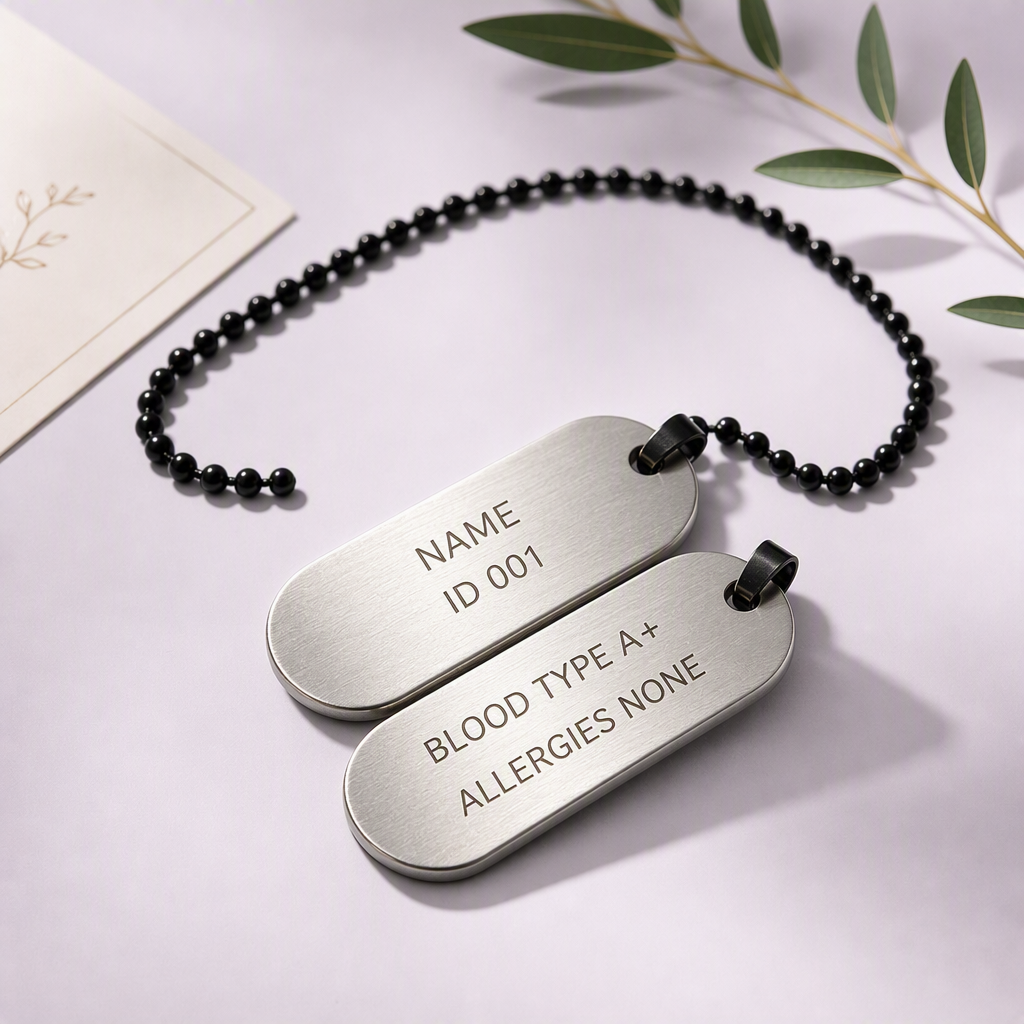 Capsule medical ID dog tag pair on lavender backdrop