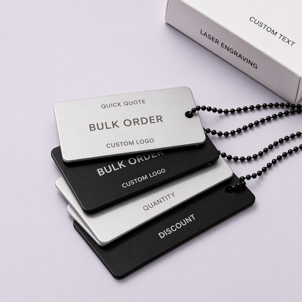Bulk order corporate logo dog tags on grey backdrop