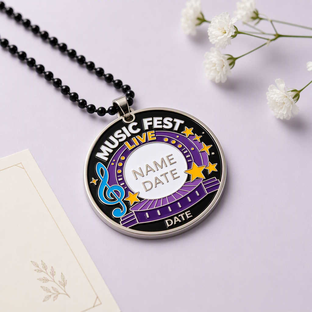 Music festival event memorial dog tag on lavender backdrop