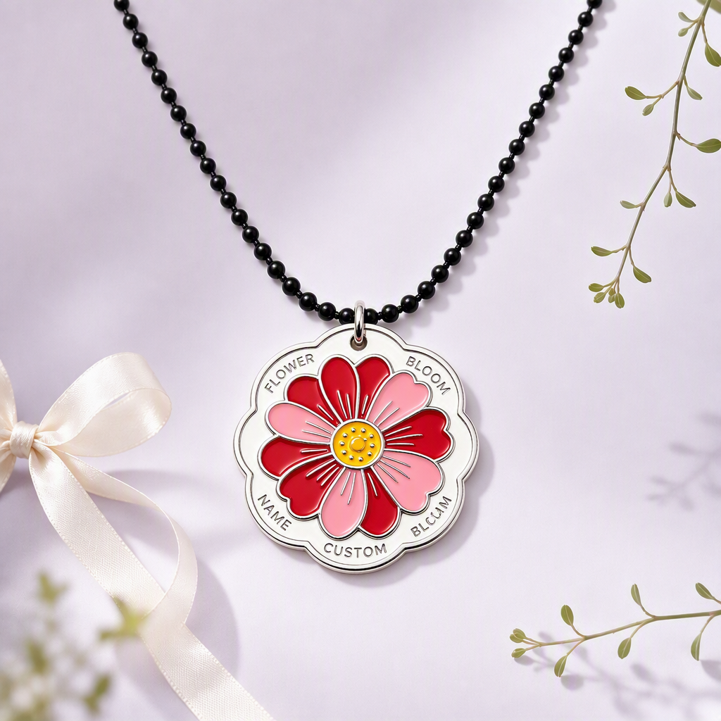 Flower bloom engraved jewelry dog tag on romantic backdrop
