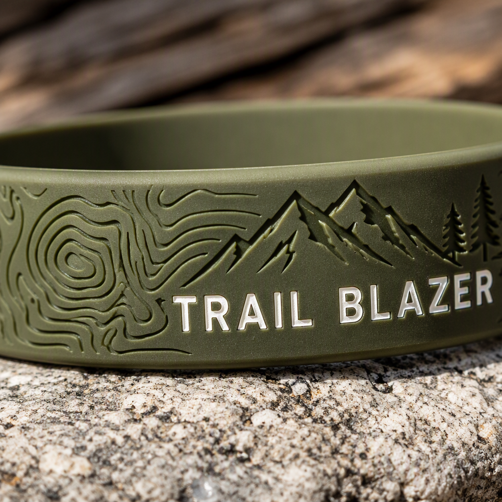 Custom Outdoor Adventure Silicone Wristbands - Topographic Mountain Debossed Rubber Bracelets for Hiking, Camping & Trail Events (No MOQ)