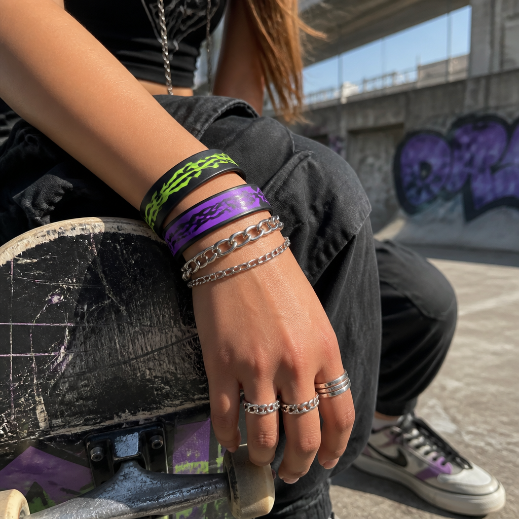 Custom Streetwear Aesthetic Silicone Wristbands - Minimalist Acid Typography Rubber Bracelets for Fashion Brands & Creator Merch (No MOQ)