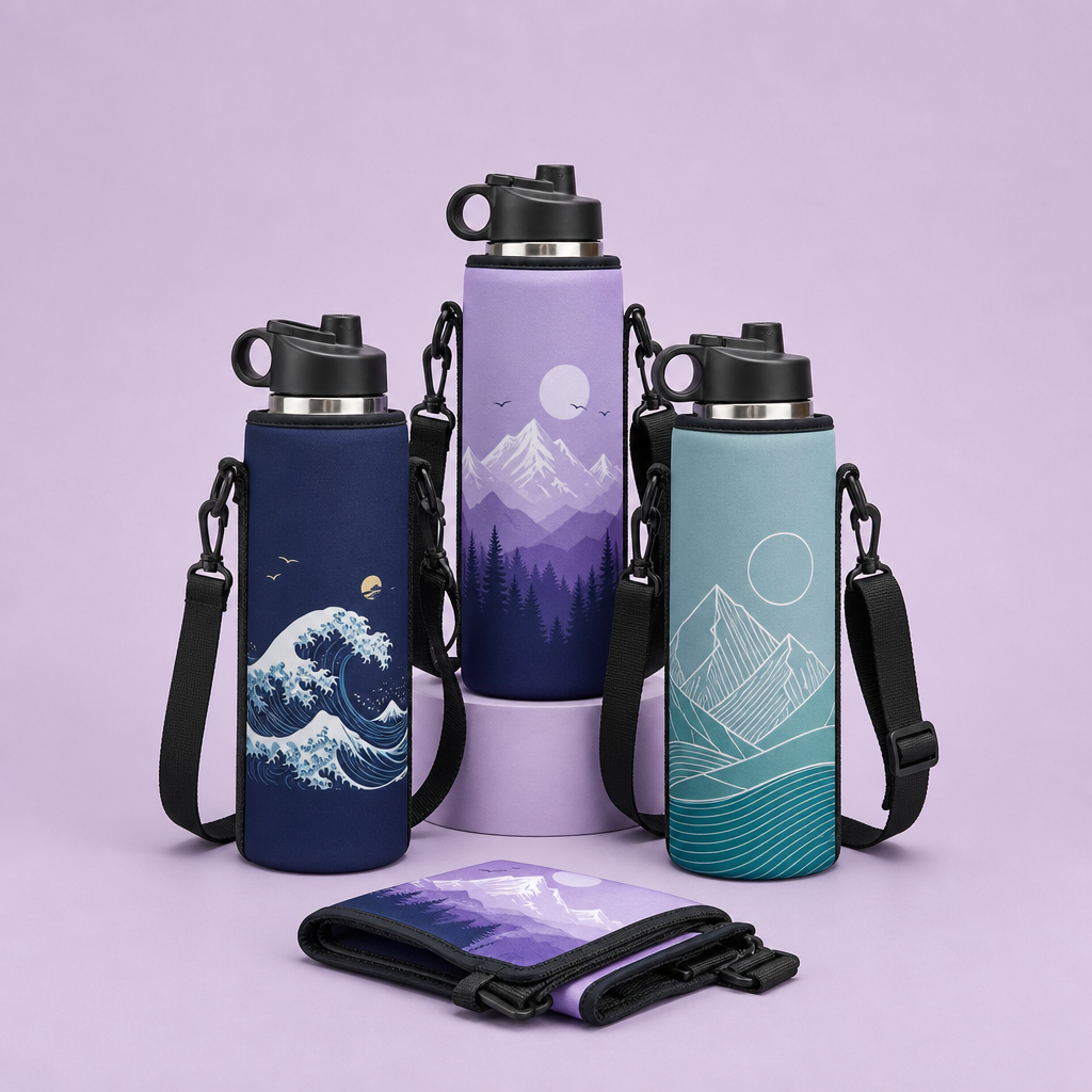 Custom Neoprene Water Bottle Carrier Sleeve with Strap & Handle · 24oz-32oz Flask Holder Wholesale