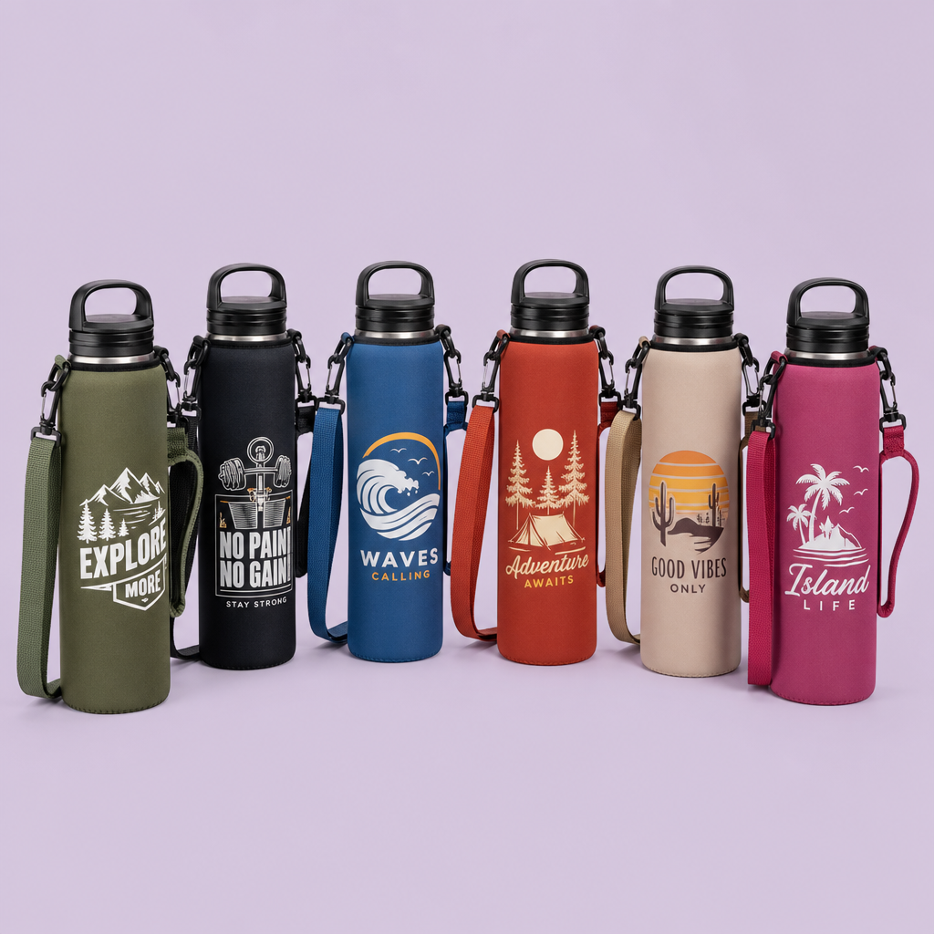 Custom Neoprene Water Bottle Carrier Sleeve with Strap & Handle · 24oz-32oz Flask Holder Wholesale
