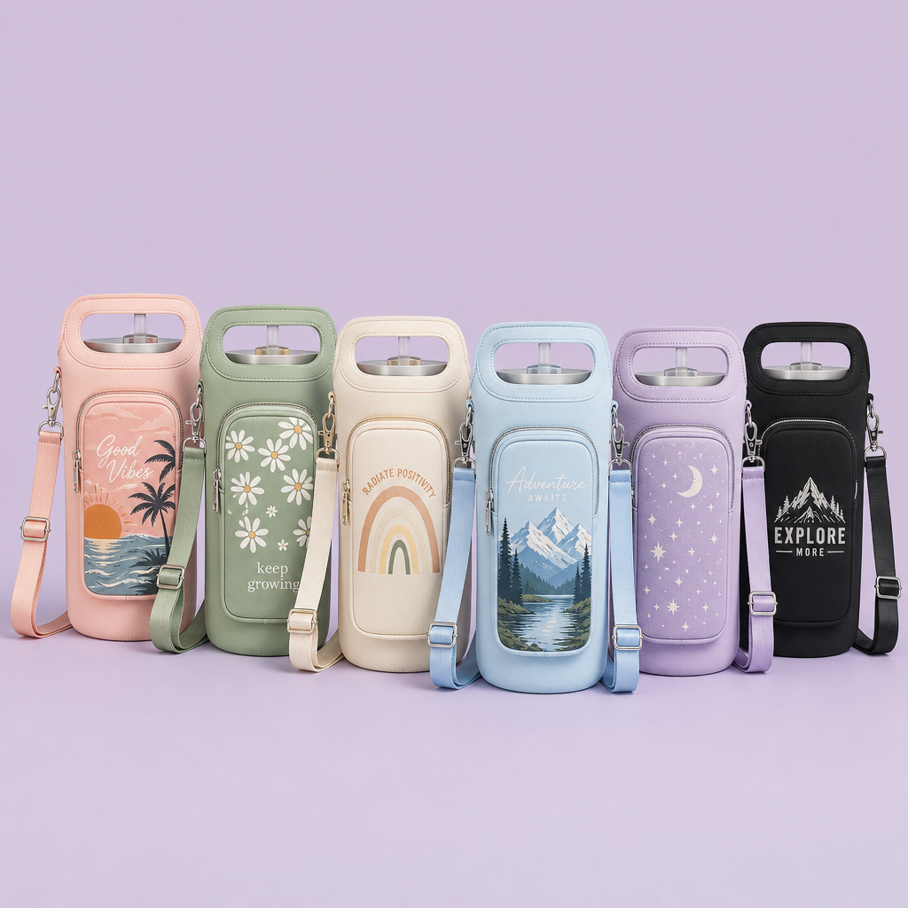 Custom 40oz Tumbler Carrier Sleeve with Phone Pocket & Strap · Stanley Cup Pouch Wholesale