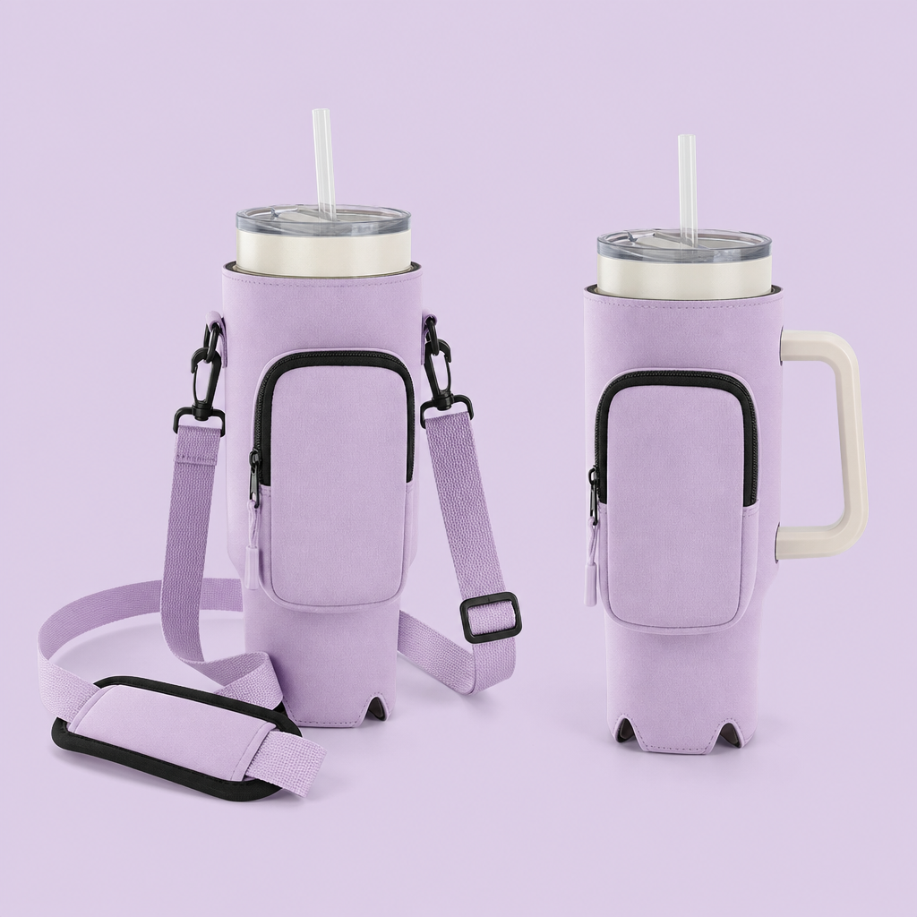 Custom 40oz Tumbler Carrier Sleeve with Phone Pocket & Strap · Stanley Cup Pouch Wholesale