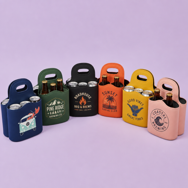 Custom Neoprene 6-Pack Beer Bottle & Can Cooler Carrier Tote with Handle Wholesale