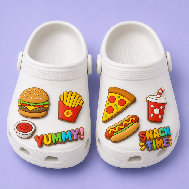 Custom Food-Themed Clog Shoe Charms · 2.5D PVC Burger, Pizza & Snack Pins Wholesale