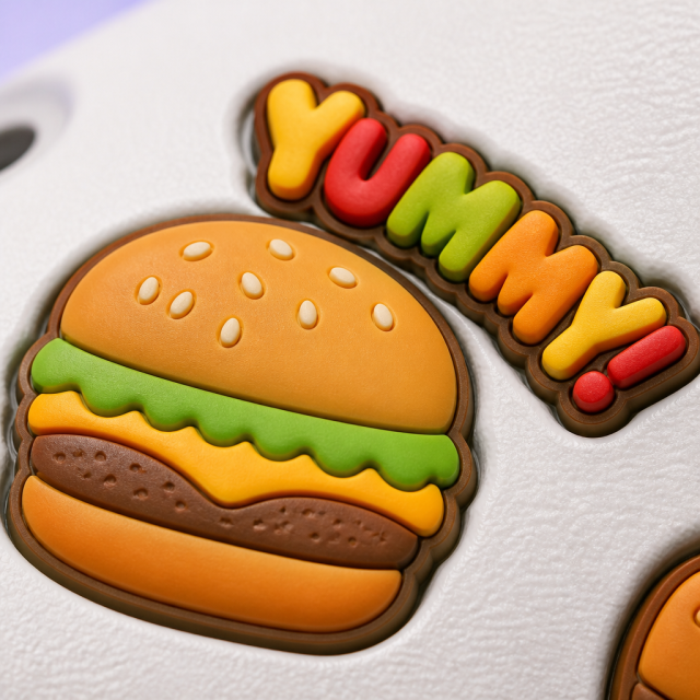 Custom Food-Themed Clog Shoe Charms · 2.5D PVC Burger, Pizza & Snack Pins Wholesale