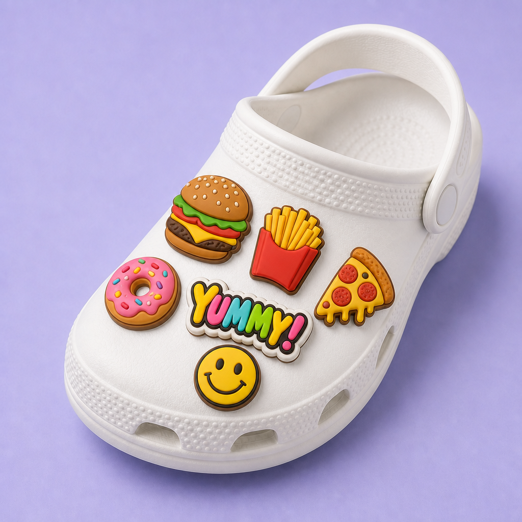 Custom Food-Themed Clog Shoe Charms · 2.5D PVC Burger, Pizza & Snack Pins Wholesale