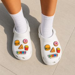 Custom Food-Themed Clog Shoe Charms · 2.5D PVC Burger, Pizza & Snack Pins Wholesale