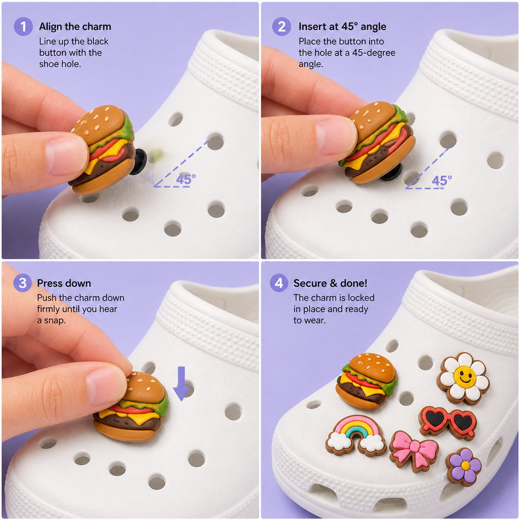 Custom Food-Themed Clog Shoe Charms · 2.5D PVC Burger, Pizza & Snack Pins Wholesale