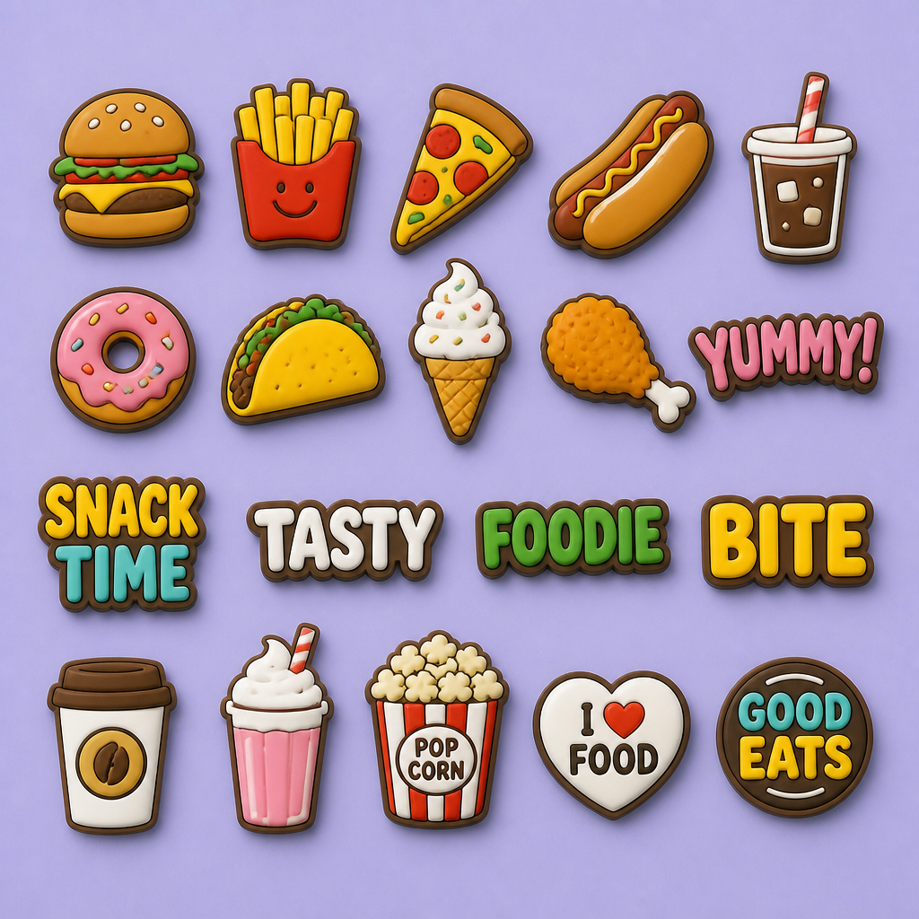 Custom Food-Themed Clog Shoe Charms · 2.5D PVC Burger, Pizza & Snack Pins Wholesale
