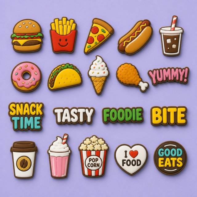 Custom Food-Themed Clog Shoe Charms · 2.5D PVC Burger, Pizza & Snack Pins Wholesale
