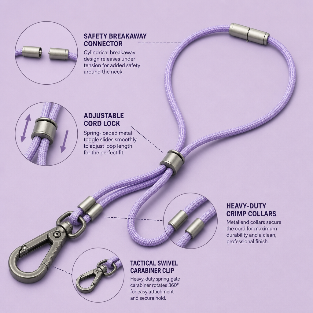 Custom Tactical Braided Round Cord Lanyard with Adjustable Slider & ID Badge Set
