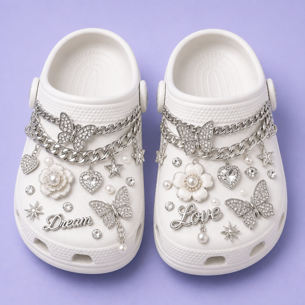 Custom Luxury Crystal & Metal Chain Clog Charms · Rhinestone Butterfly & Pearl Shoe Pins Wholesale