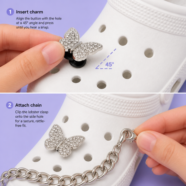 Custom Luxury Crystal & Metal Chain Clog Charms · Rhinestone Butterfly & Pearl Shoe Pins Wholesale