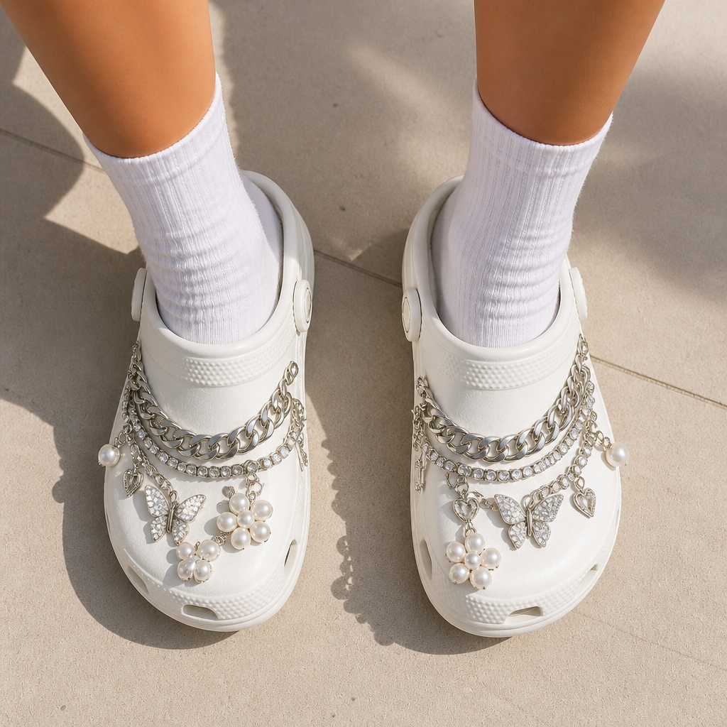 Custom Luxury Crystal & Metal Chain Clog Charms · Rhinestone Butterfly & Pearl Shoe Pins Wholesale