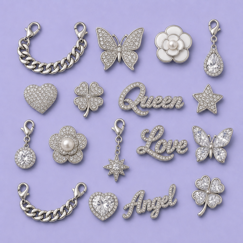 Custom Luxury Crystal & Metal Chain Clog Charms · Rhinestone Butterfly & Pearl Shoe Pins Wholesale