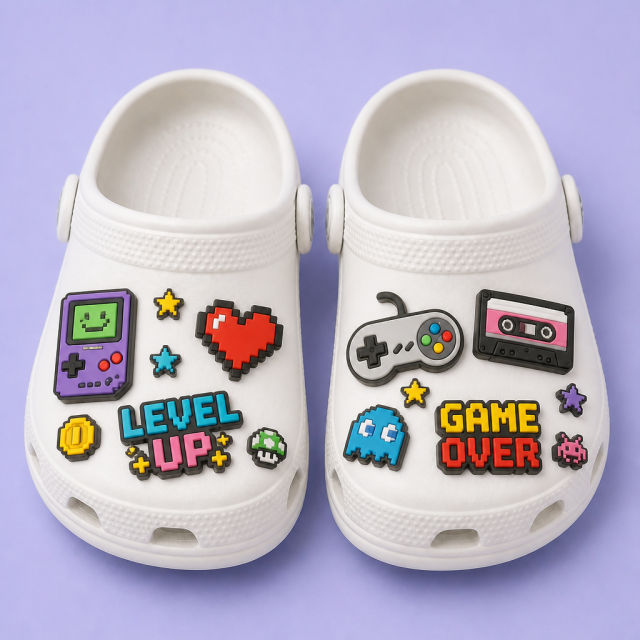 Custom 8-Bit Pixel & Retro Arcade Clog Charms · 2.5D PVC Video Game Shoe Pins Wholesale