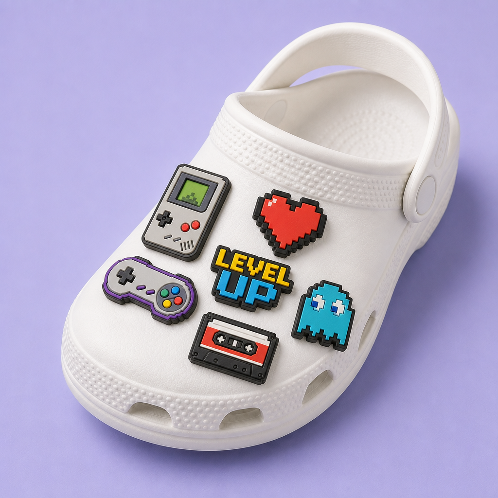 Custom 8-Bit Pixel & Retro Arcade Clog Charms · 2.5D PVC Video Game Shoe Pins Wholesale