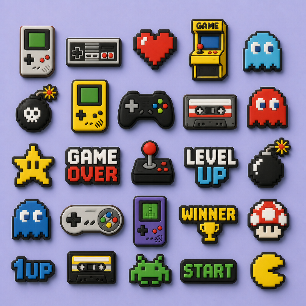 Custom 8-Bit Pixel & Retro Arcade Clog Charms · 2.5D PVC Video Game Shoe Pins Wholesale