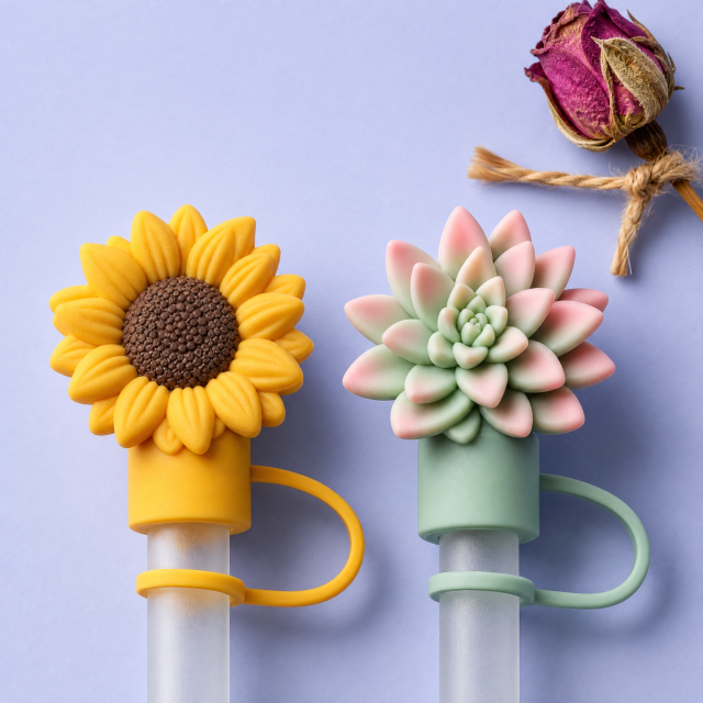 Custom Floral & Succulent Silicone Straw Covers for Stanley Cup 30 & 40 oz · 3D Flower Straw Toppers Wholesale
