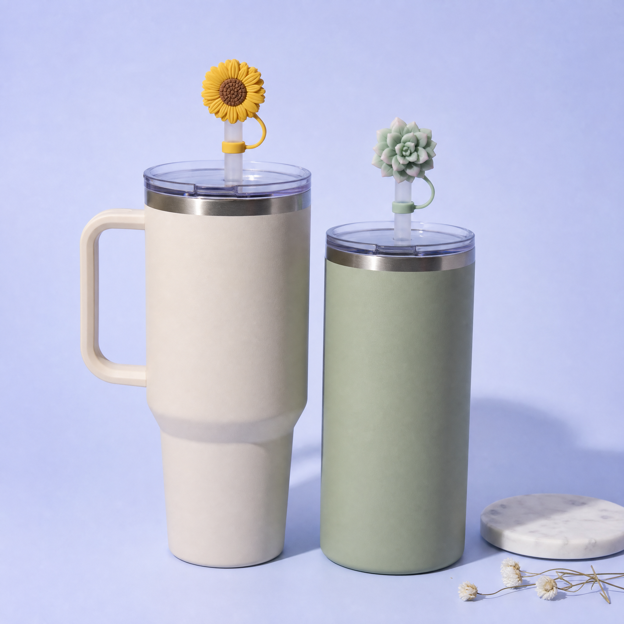 Custom Floral & Succulent Silicone Straw Covers for Stanley Cup 30 & 40 oz · 3D Flower Straw Toppers Wholesale