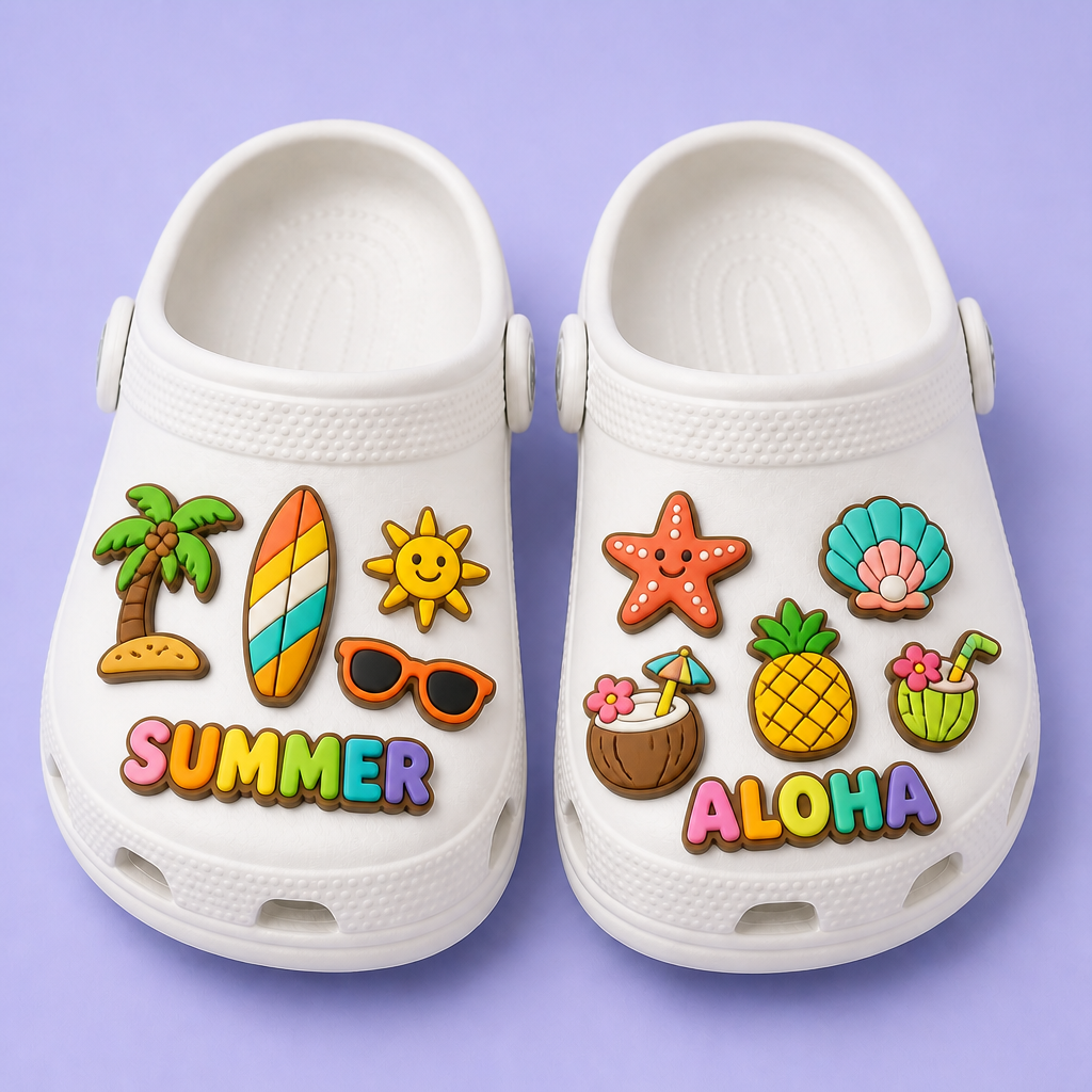 Custom Summer Beach Clog Charms · 2.5D PVC Palm Tree, Surfboard & Aloha Shoe Pins Wholesale
