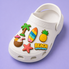 Custom Summer Beach Clog Charms · 2.5D PVC Palm Tree, Surfboard & Aloha Shoe Pins Wholesale