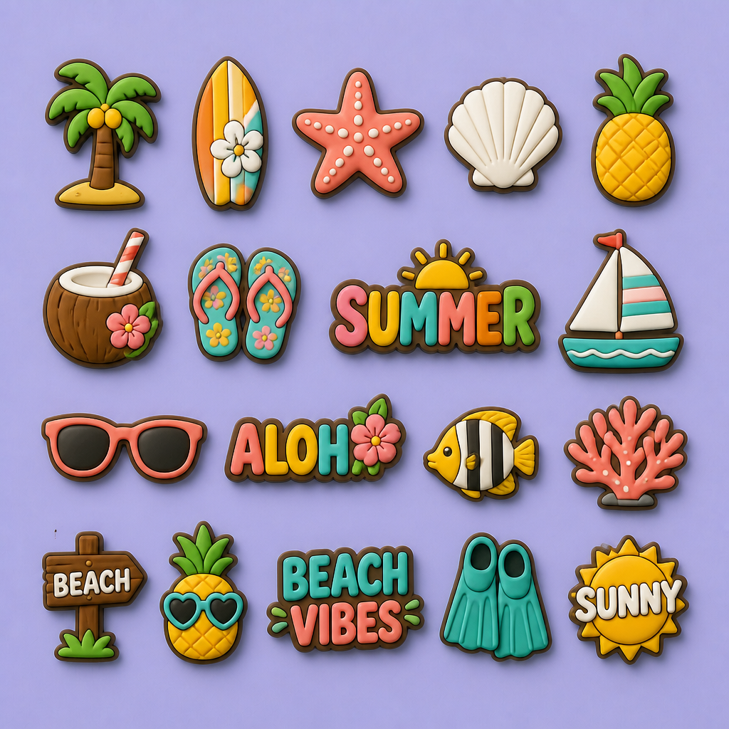 Custom Summer Beach Clog Charms · 2.5D PVC Palm Tree, Surfboard & Aloha Shoe Pins Wholesale