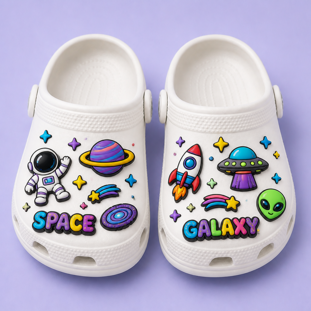 Custom Space & Galaxy Clog Charms · 2.5D PVC Astronaut, Planet & Rocket Shoe Pins Wholesale