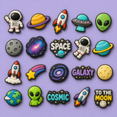 Custom Space & Galaxy Clog Charms · 2.5D PVC Astronaut, Planet & Rocket Shoe Pins Wholesale