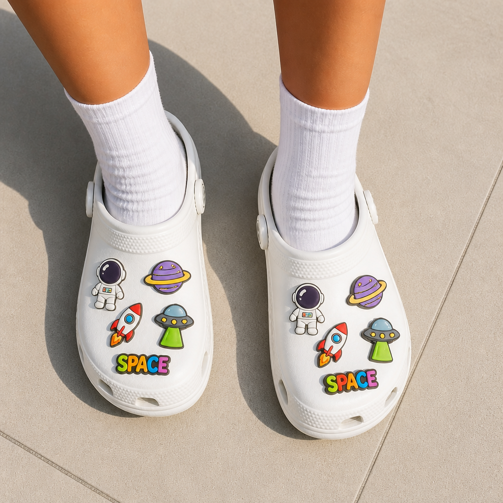 Custom Space & Galaxy Clog Charms · 2.5D PVC Astronaut, Planet & Rocket Shoe Pins Wholesale