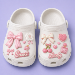 Custom Blush Bow & Pearl Clog Charms · 2.5D PVC Ribbon & Camellia Flower Shoe Pins Wholesale