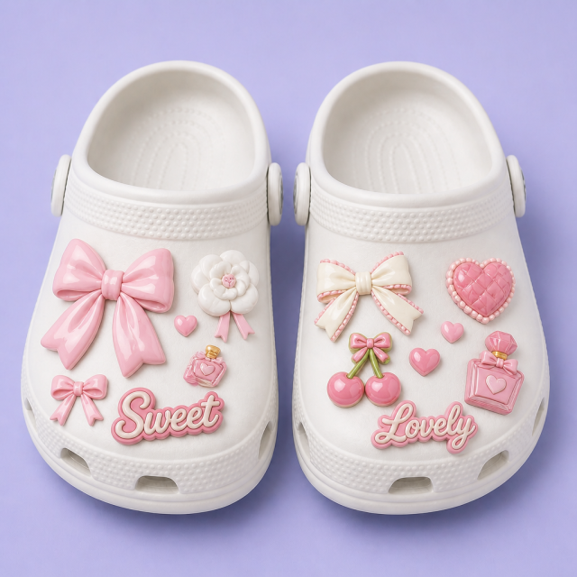 Custom Blush Bow & Pearl Clog Charms · 2.5D PVC Ribbon & Camellia Flower Shoe Pins Wholesale