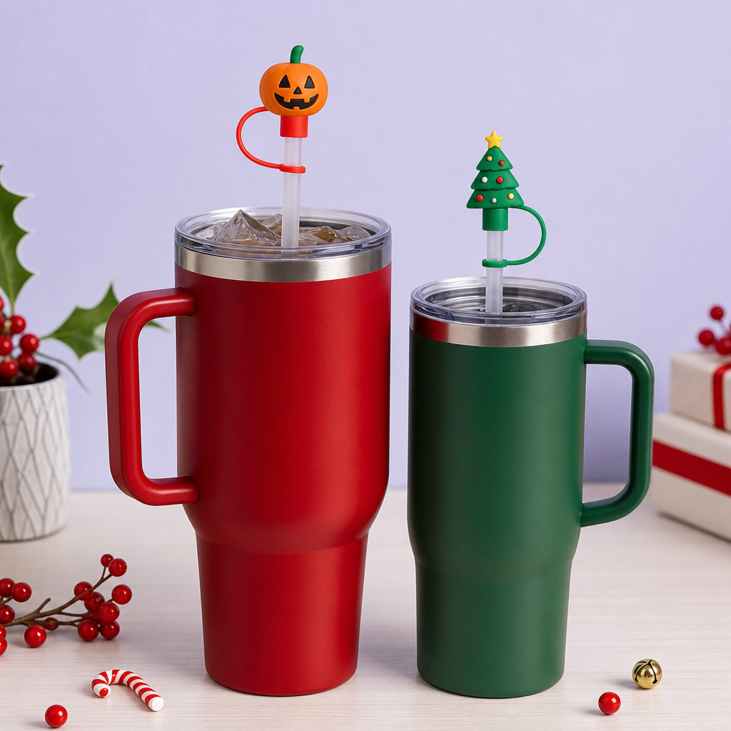 Custom Christmas & Halloween Silicone Straw Covers for Stanley Cup 30 & 40 oz · 3D Holiday Straw Toppers Wholesale