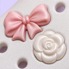 Custom Blush Bow & Pearl Clog Charms · 2.5D PVC Ribbon & Camellia Flower Shoe Pins Wholesale