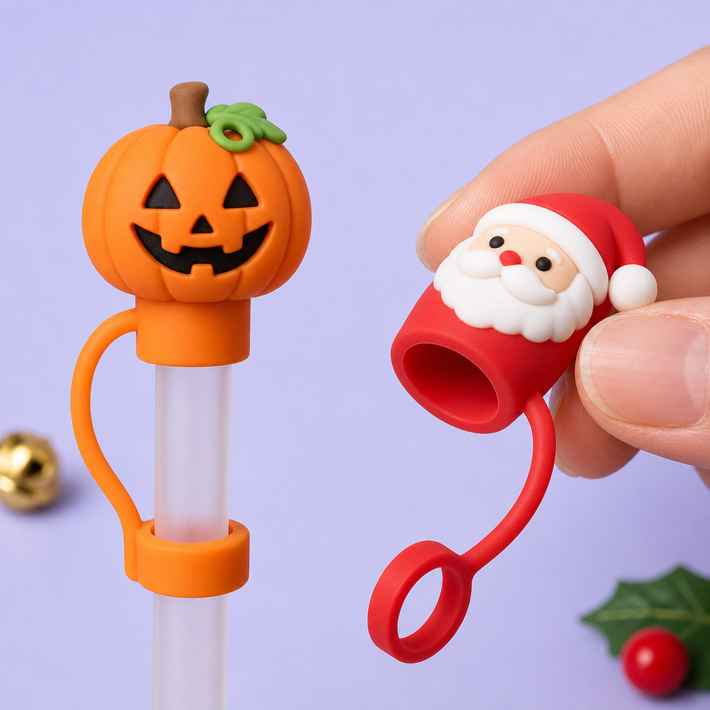 Custom Christmas & Halloween Silicone Straw Covers for Stanley Cup 30 & 40 oz · 3D Holiday Straw Toppers Wholesale