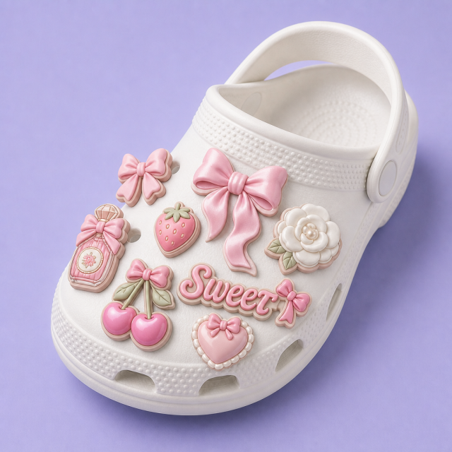 Custom Blush Bow & Pearl Clog Charms · 2.5D PVC Ribbon & Camellia Flower Shoe Pins Wholesale