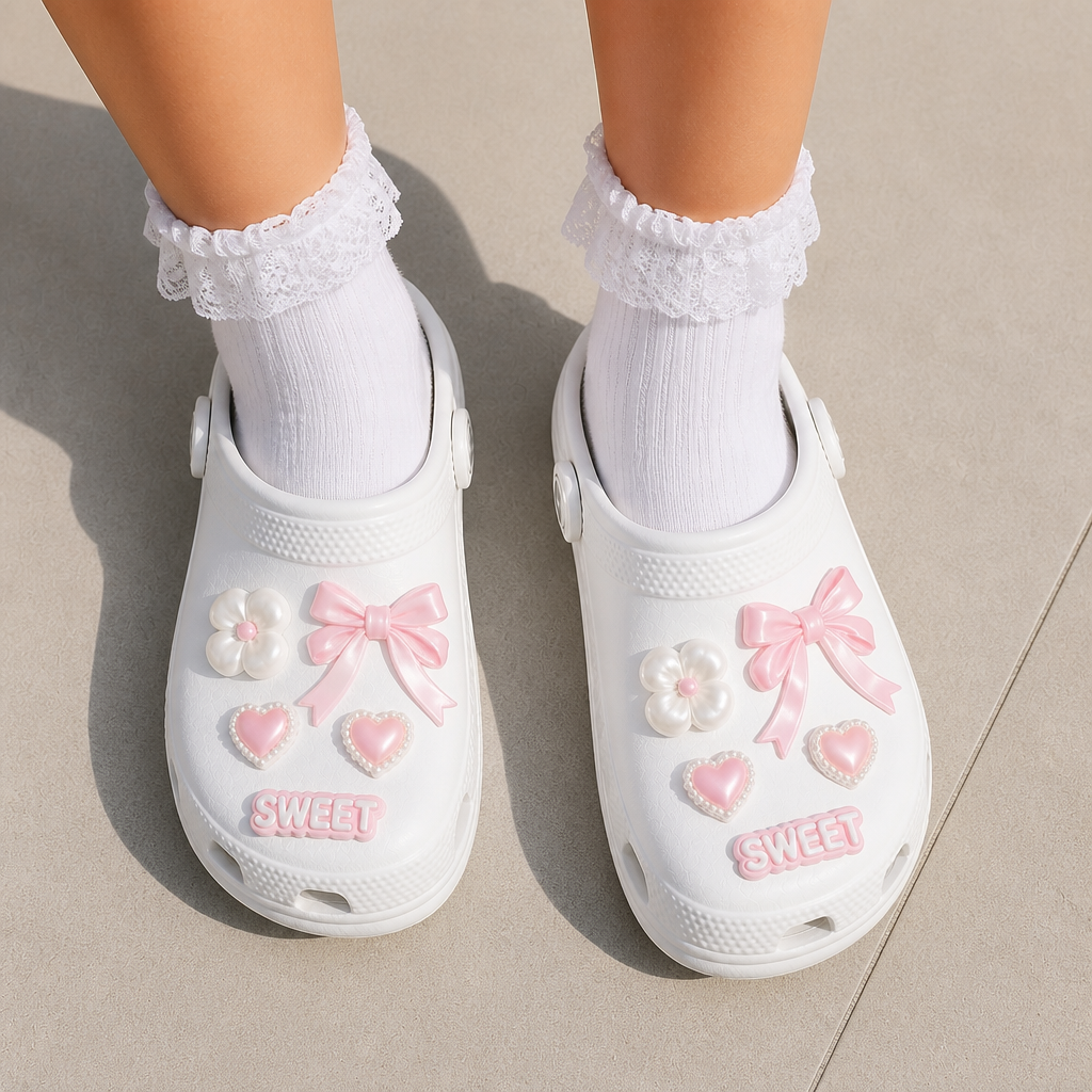 Custom Blush Bow & Pearl Clog Charms · 2.5D PVC Ribbon & Camellia Flower Shoe Pins Wholesale