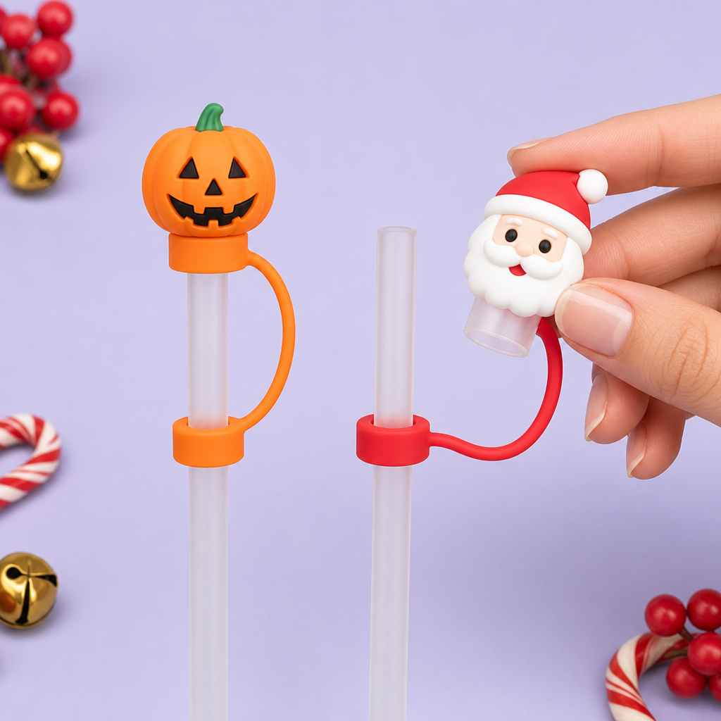 Custom Christmas & Halloween Silicone Straw Covers for Stanley Cup 30 & 40 oz · 3D Holiday Straw Toppers Wholesale