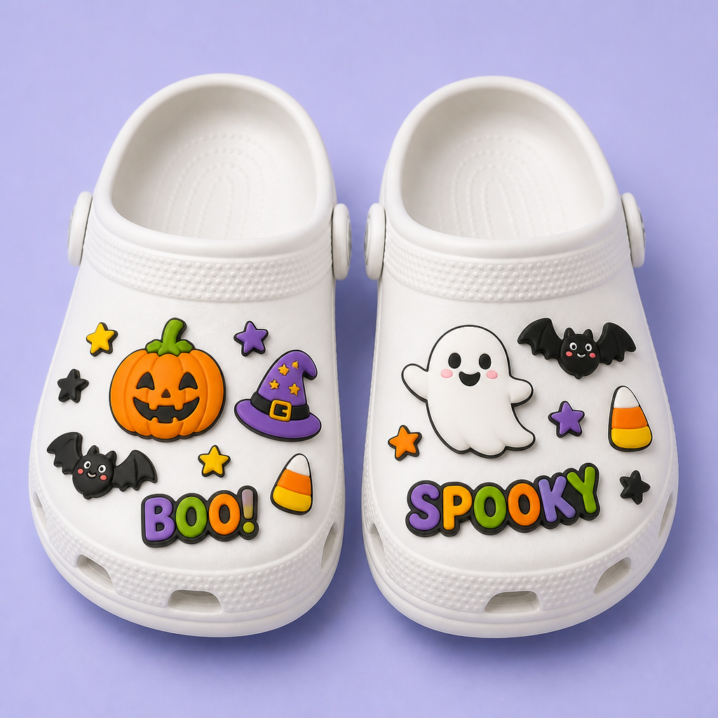 Custom Halloween Clog Charms · 2.5D PVC Pumpkin, Ghost & Witch Hat Shoe Pins Wholesale