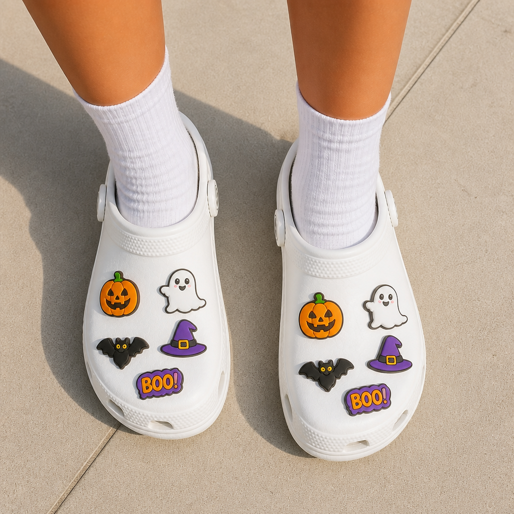 Custom Halloween Clog Charms · 2.5D PVC Pumpkin, Ghost & Witch Hat Shoe Pins Wholesale