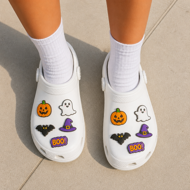 Custom Halloween Clog Charms · 2.5D PVC Pumpkin, Ghost & Witch Hat Shoe Pins Wholesale
